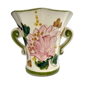 Handpainted in Portugal Vase in Pink, Green, Cream Two Handles Gorgeous!